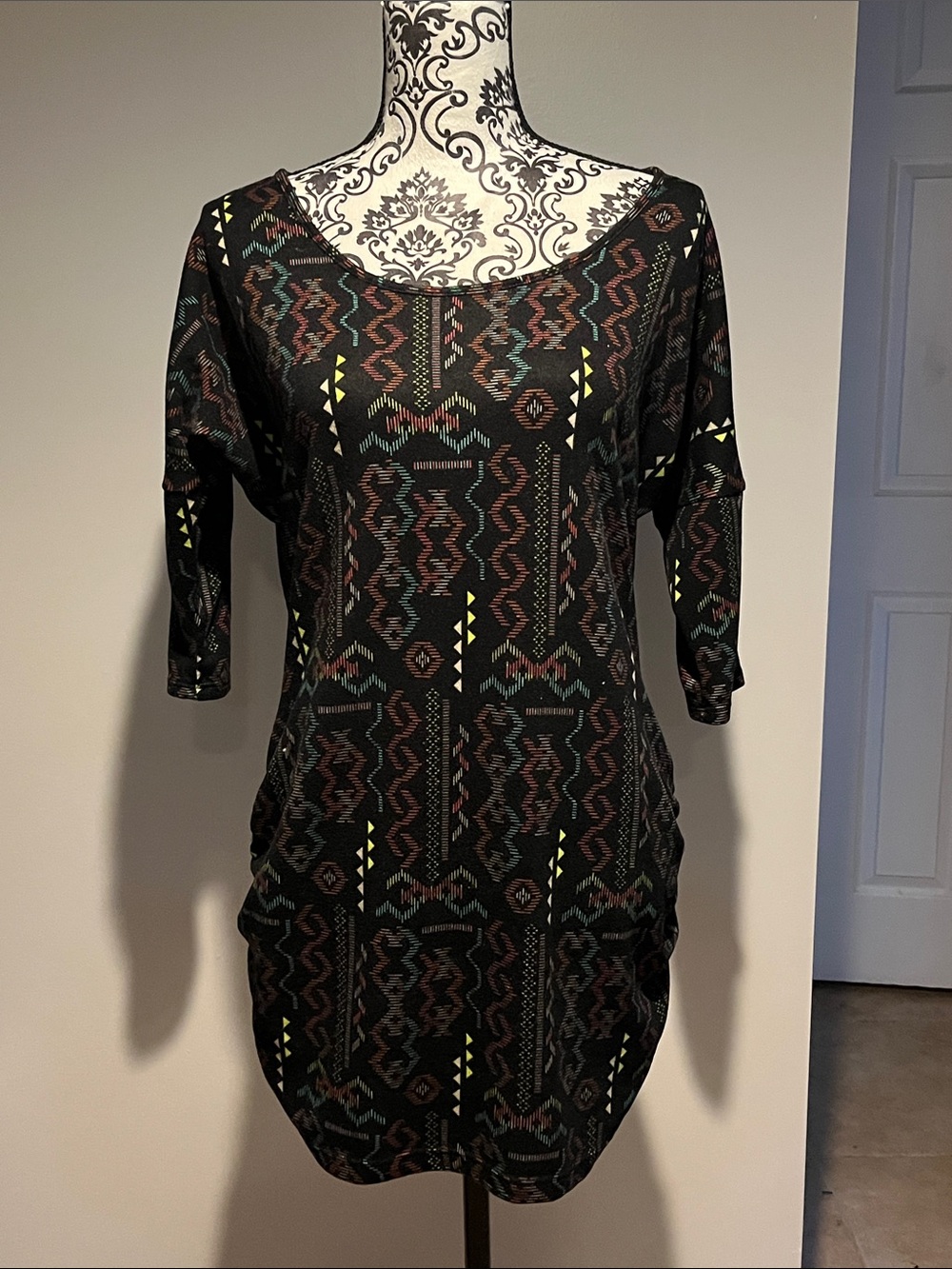 Espresso Black Aztec-Print Long Sleeve Tunic Dress with Yellow Accents